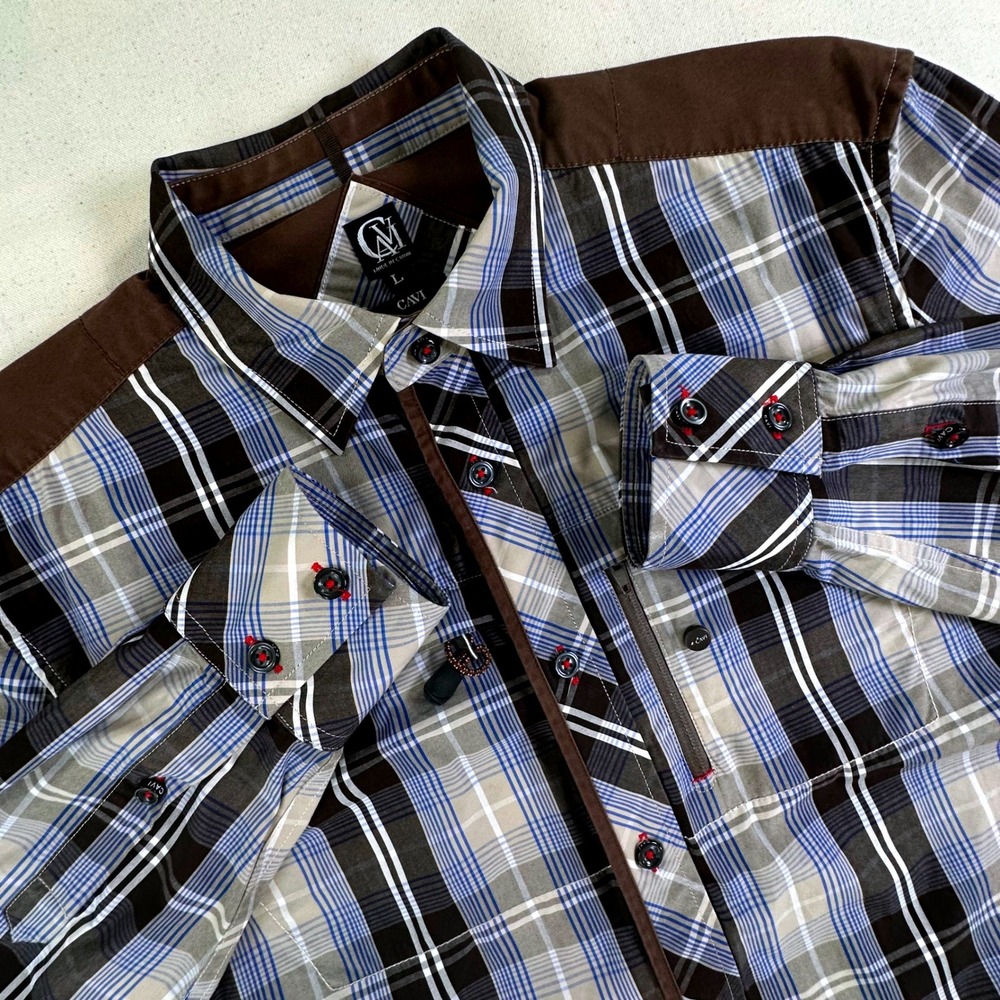 Cavi Mens Large Plaid Button Down Shirt Blue Black Brown Contrast Yoke Cotton